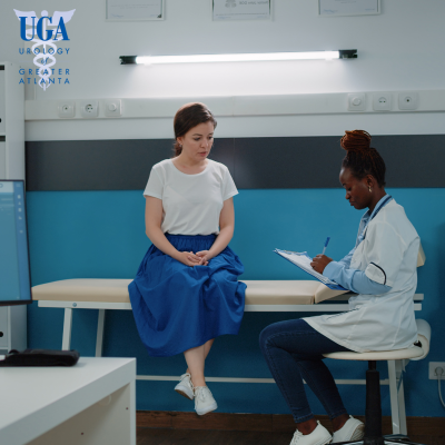 A patient at the doctor for a consultation oh kidney problems discussing the need for a catheter in Atlanta, Georgia.