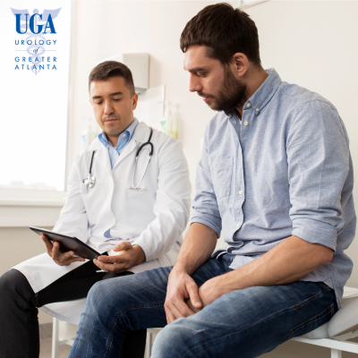A man at the doctor discussing his results after an evaluation for bladder trauma in Atlanta, Georgia.