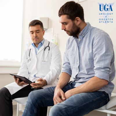 A man at the Urologist receiving his diagnosis and treatment recommendation after experiencing testicular trauma to help prevent permanent damage.